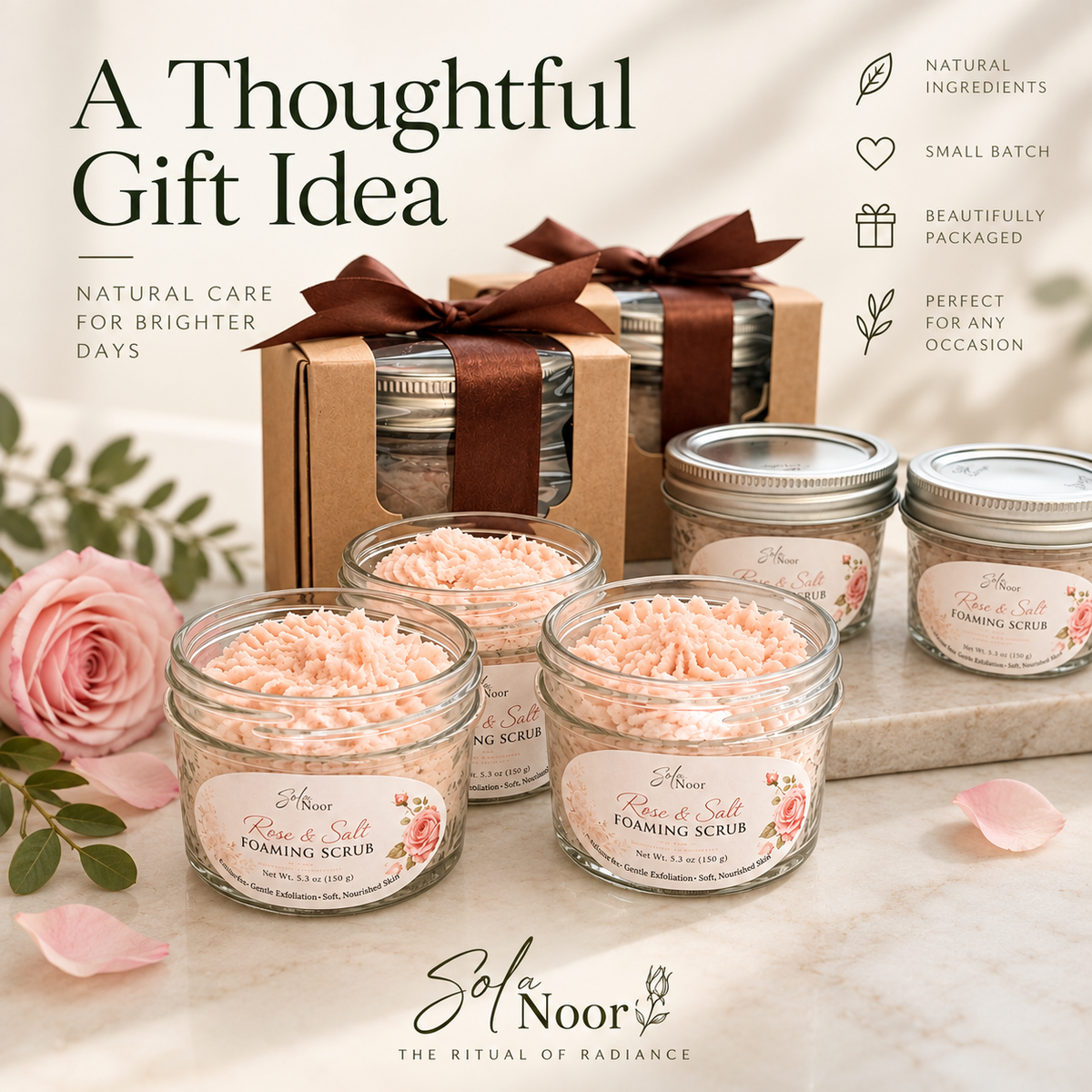 Rose and Lavender foaming body scrubs packaged in gift boxes for gifts and party favors