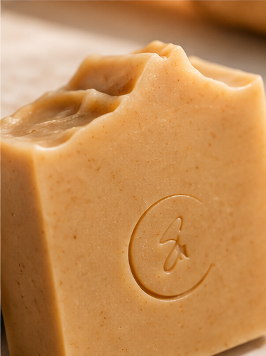 Close-up of Sola Noor Golden Ginger soap showing its smooth texture and natural golden-yellow color.