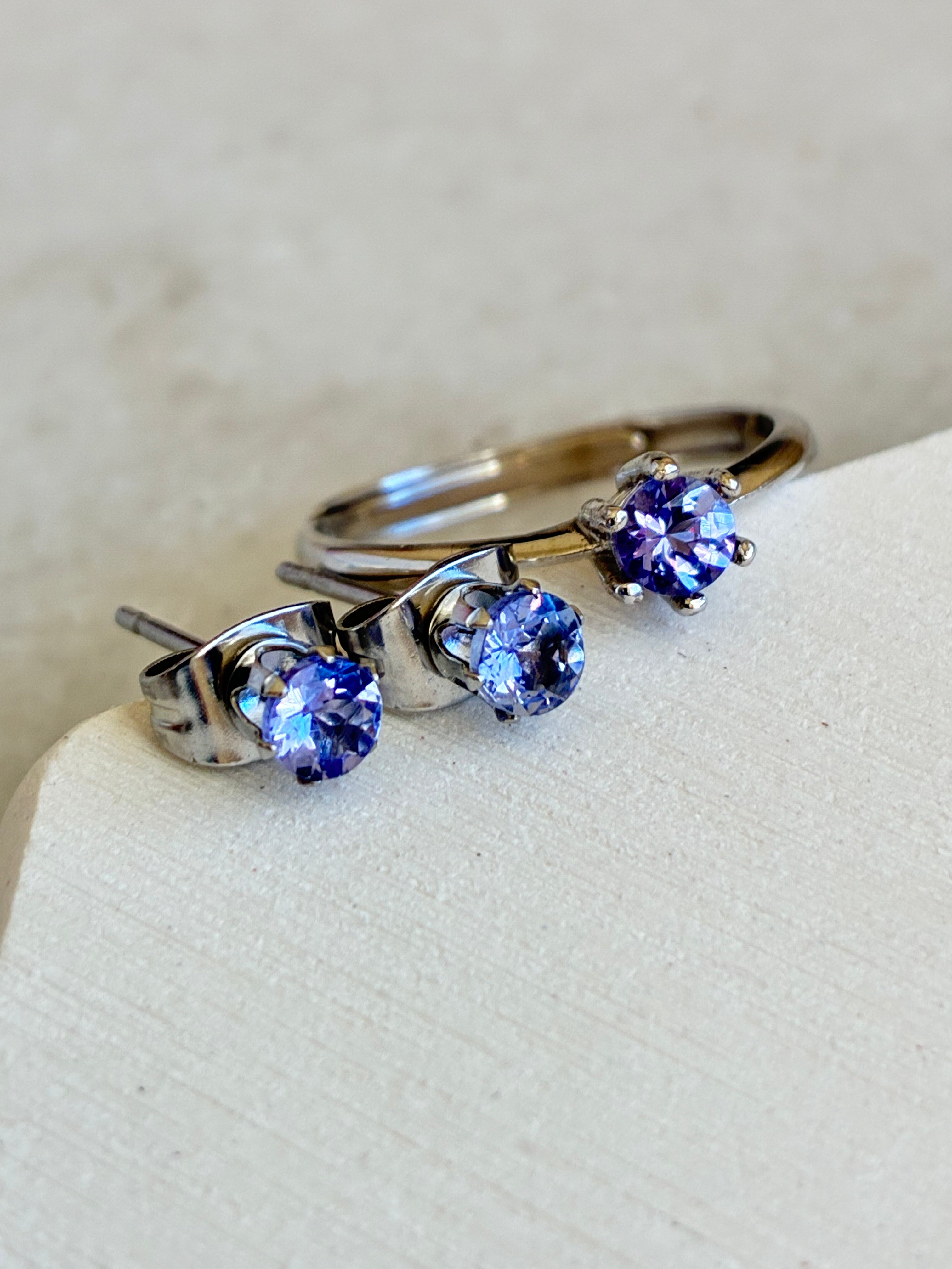 Tanzanite Silver Ring with Tanzanite Stainless Steel Earrings Set