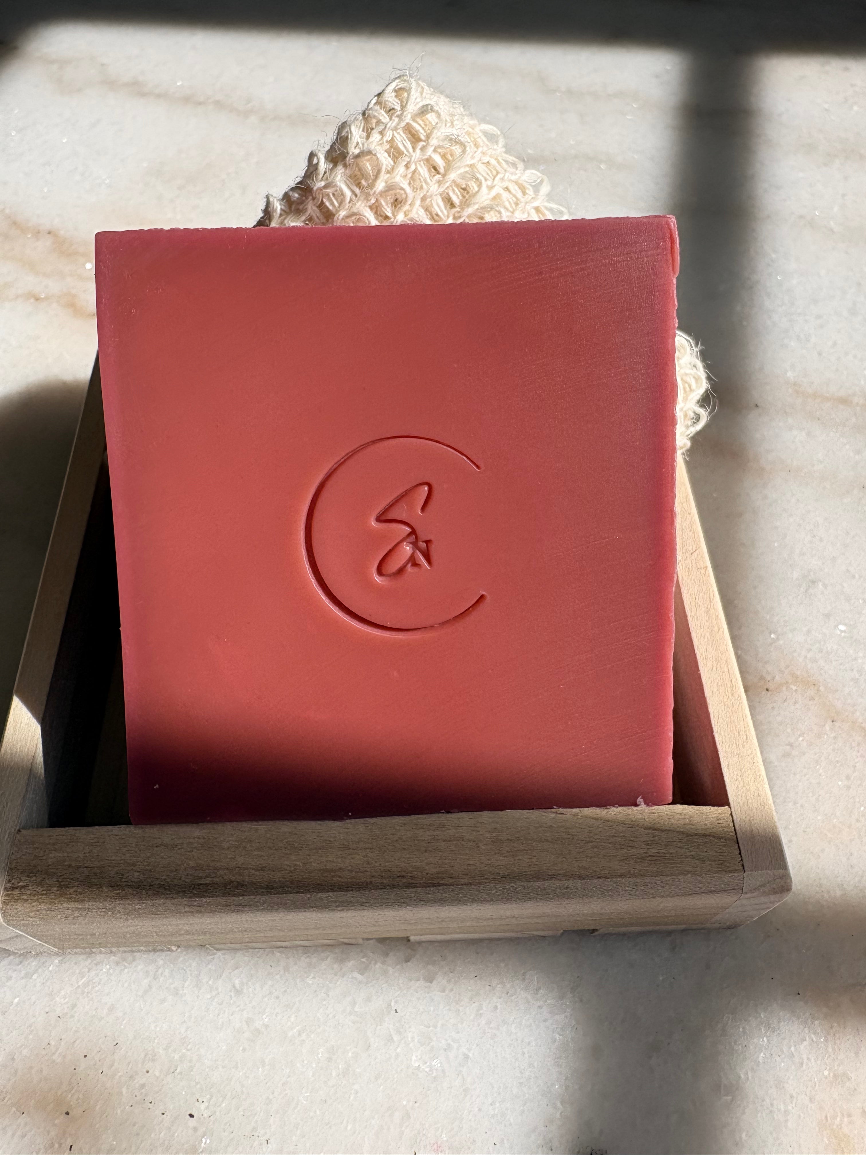 Rhubarb infused oil soap with soft blush color from madder root water