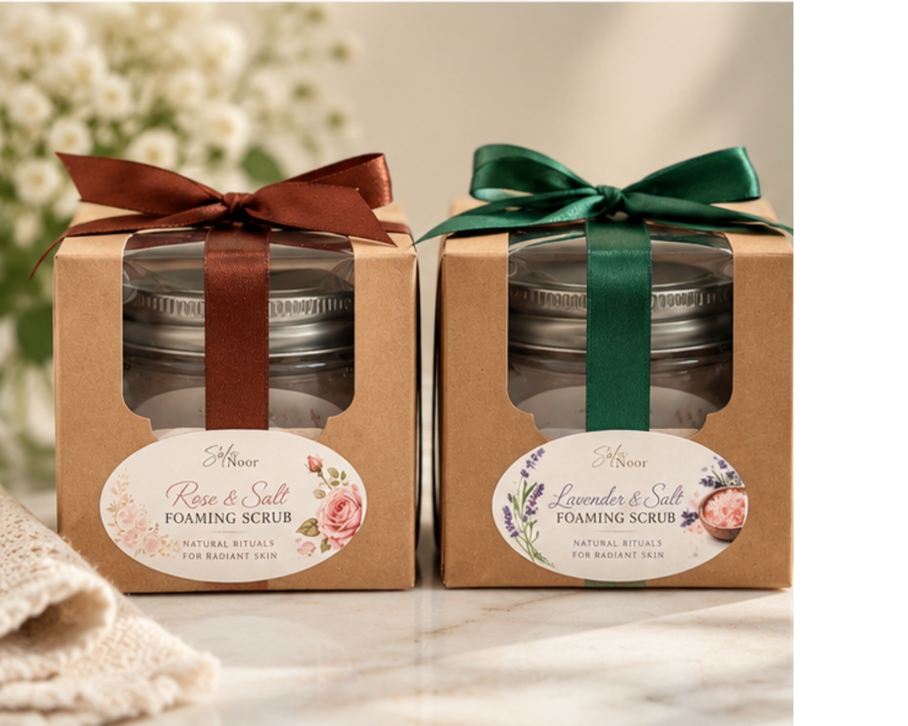 Rose and Lavender foaming body scrubs packaged in gift boxes for gifts and party favors