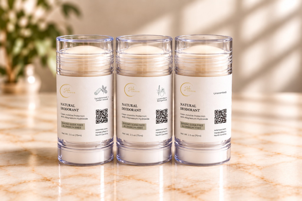 Sola Noor natural deodorant available in Sandalwood + Cedarwood, Lavender + Bergamot, Geranium + Orange + Sandalwood, Tea Tree + Eucalyptus + Lemon, and Unscented