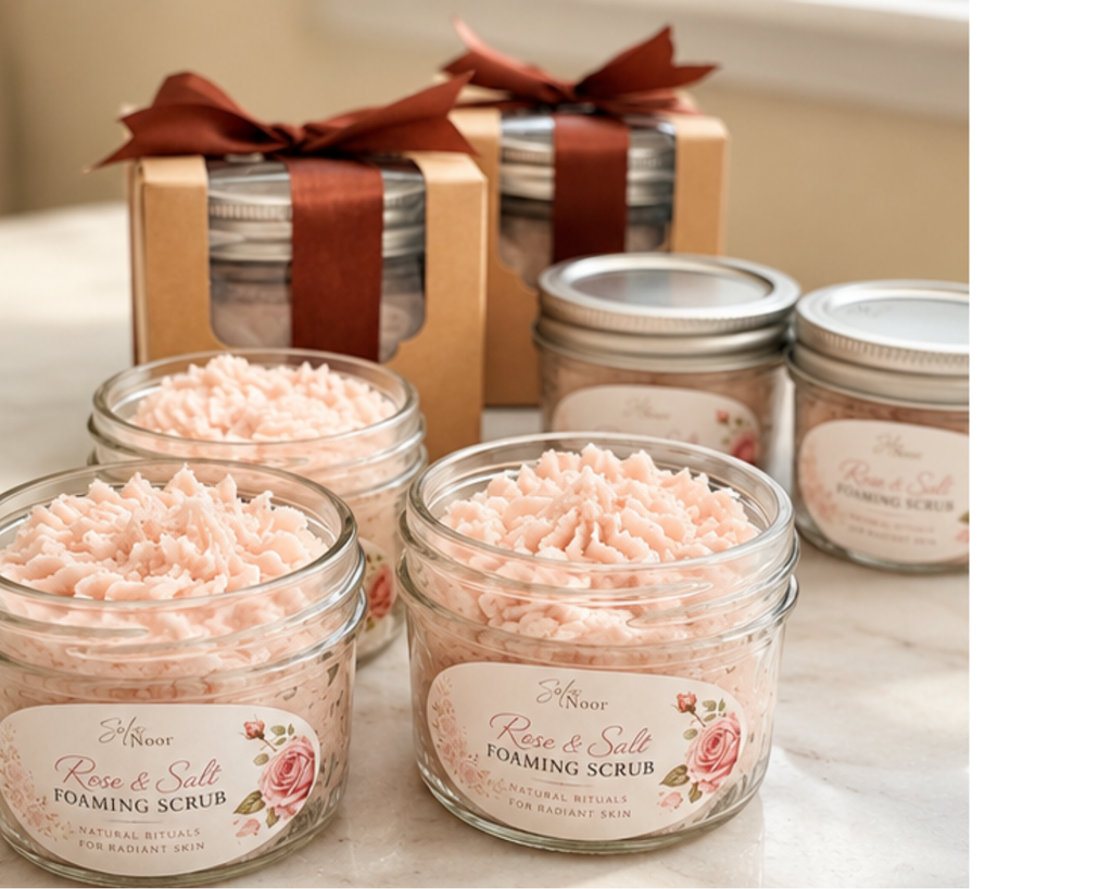 Whipped botanical foaming salt scrub with rose and lavender botanicals