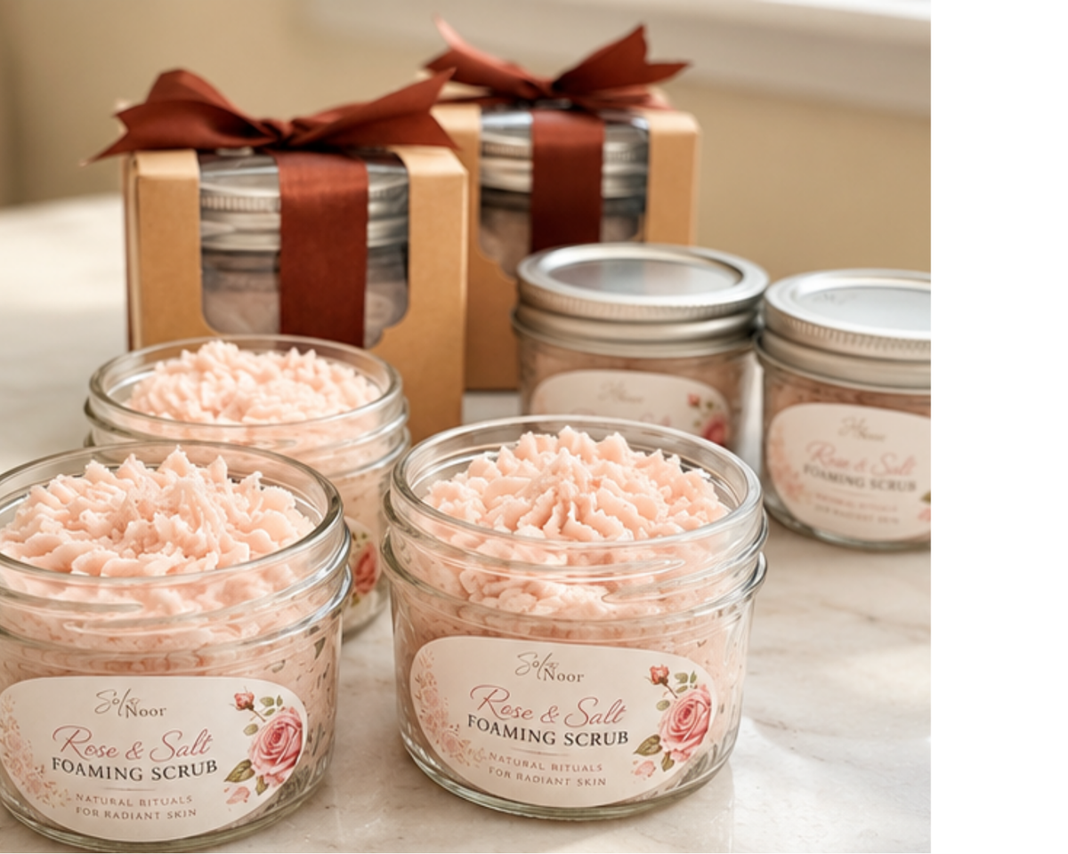 Whipped botanical foaming salt scrub with rose and lavender botanicals