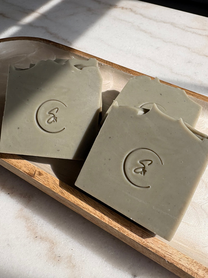 Close-up of a rectangular Alpine Moss beauty bar showing the marbled green texture of French green clay and botanical flecks.