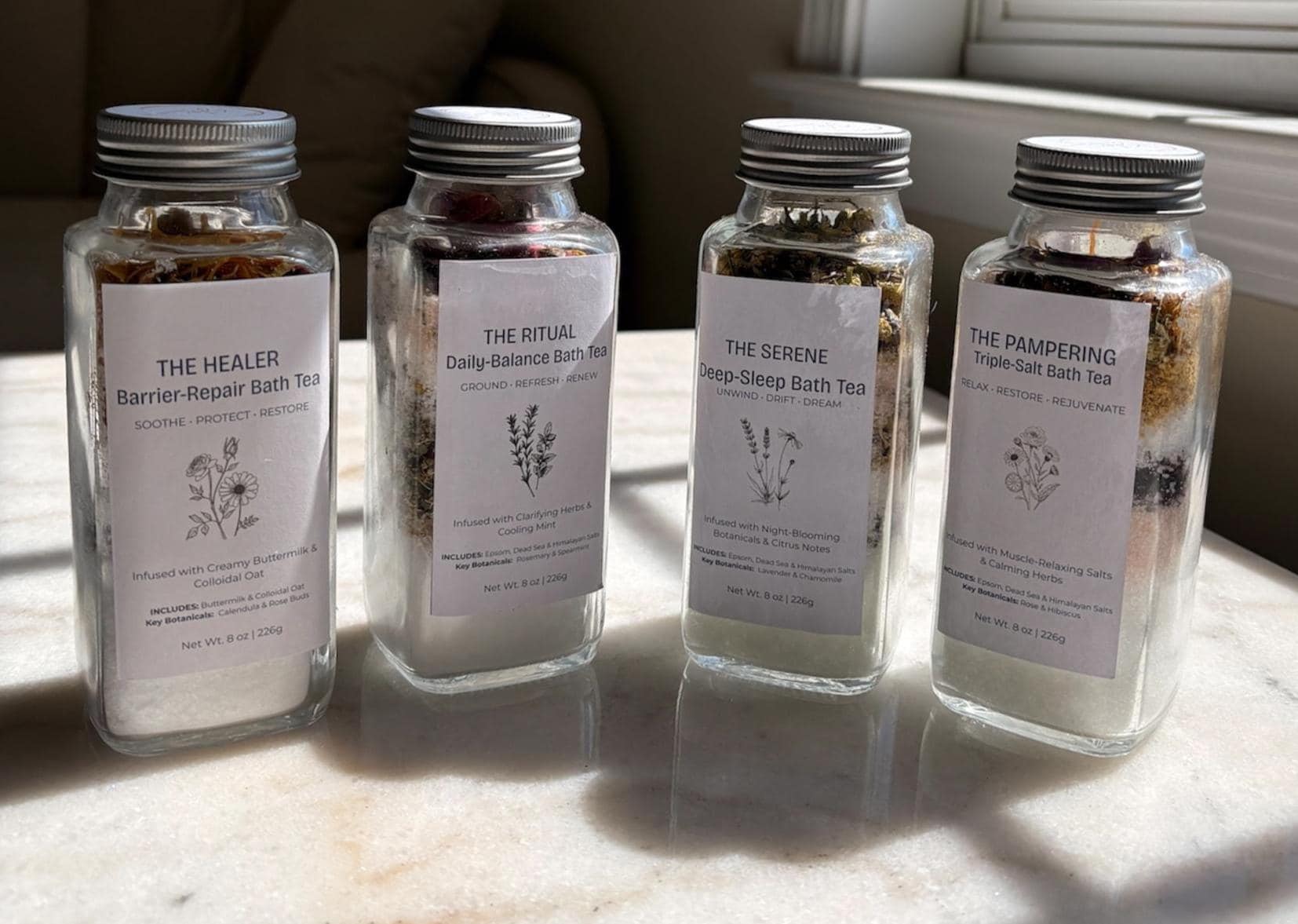 Botanical Bath Salt Tea  - Triple Salt Mineral Soak with Essential Oils & Herbs - 8oz Glass Jar, Gift for Her, Mother's Day Gift