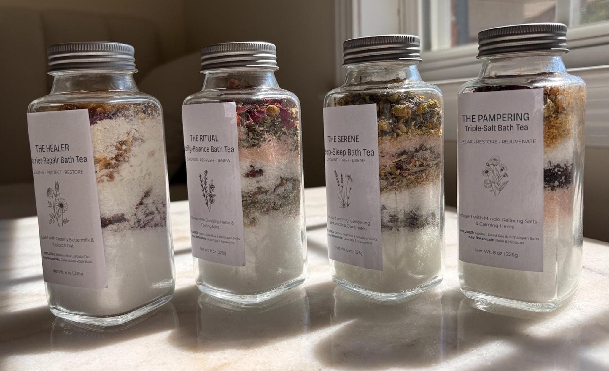 Botanical Bath Salt Tea  - Triple Salt Mineral Soak with Essential Oils & Herbs - 8oz Glass Jar, Gift for Her, Mother's Day Gift