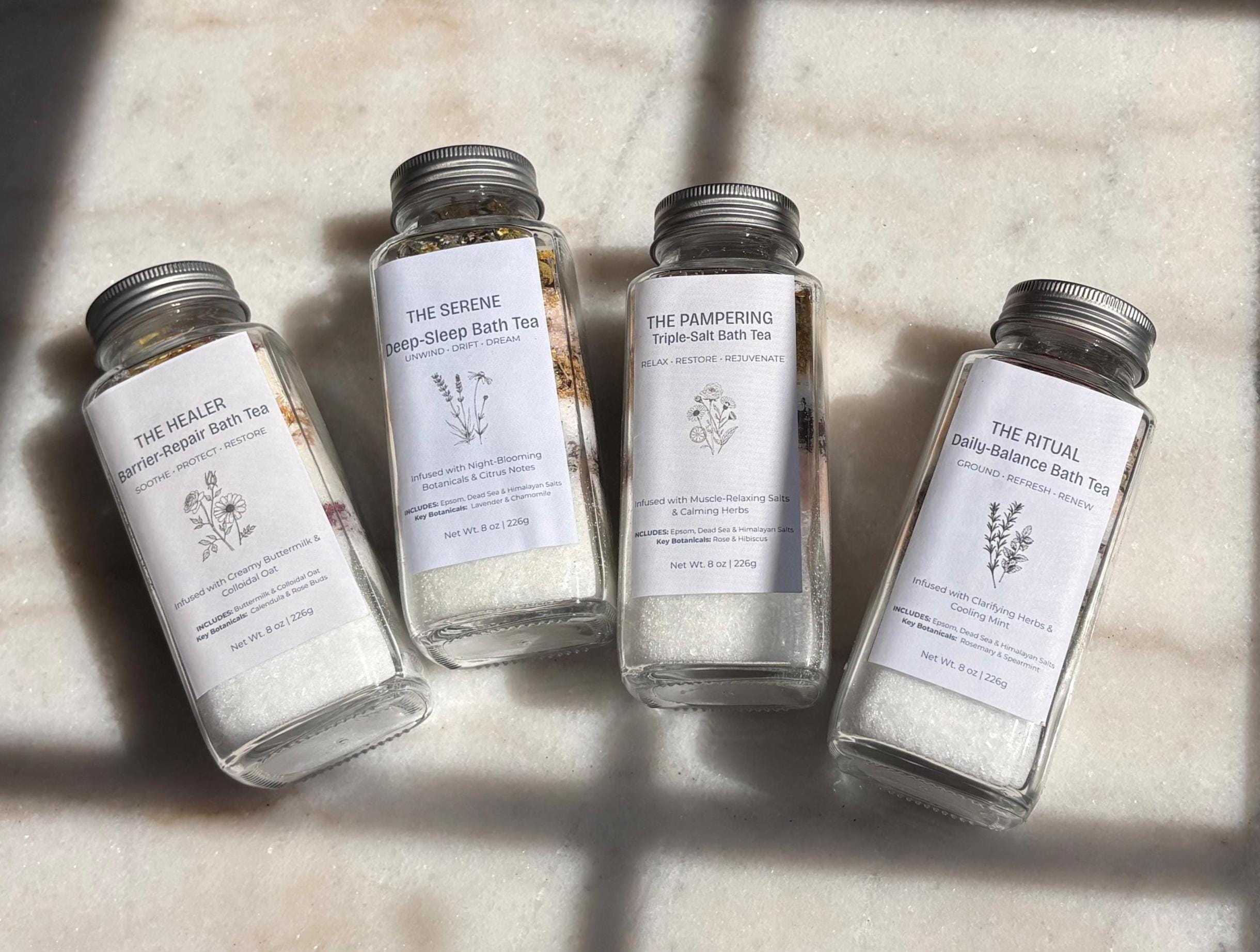 Botanical Bath Salt Tea  - Triple Salt Mineral Soak with Essential Oils & Herbs - 8oz Glass Jar, Gift for Her, Mother's Day Gift