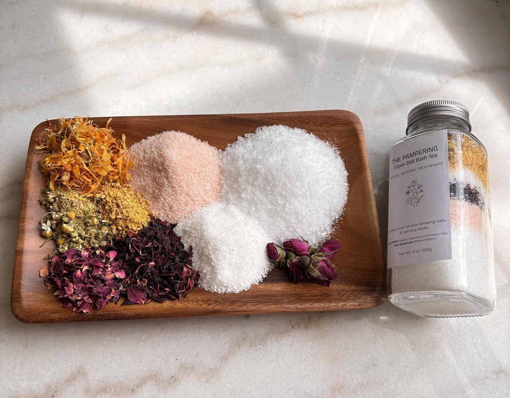 Botanical Bath Salt Tea  - Triple Salt Mineral Soak with Essential Oils & Herbs - 8oz Glass Jar, Gift for Her, Mother's Day Gift