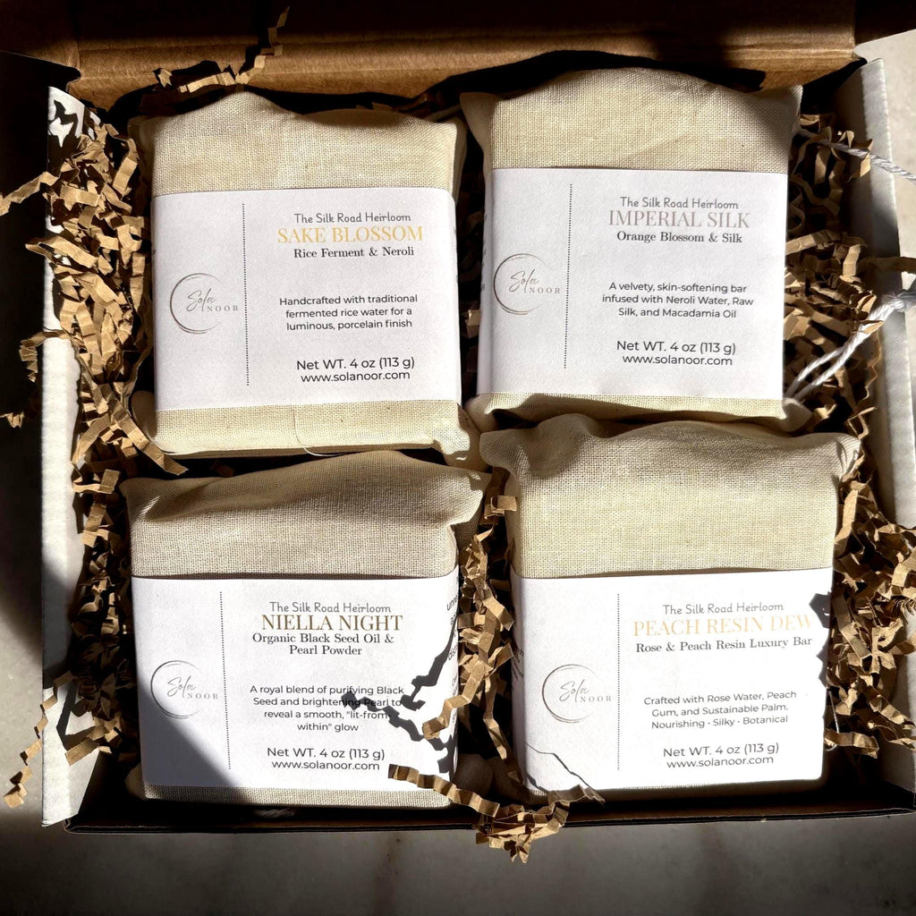 Silk Road Luxury Soap Set | Imperial Silk, Sake Blossom, Peach Resin, Nigella Night Bars, Gift for Her, Mother's Day Gift