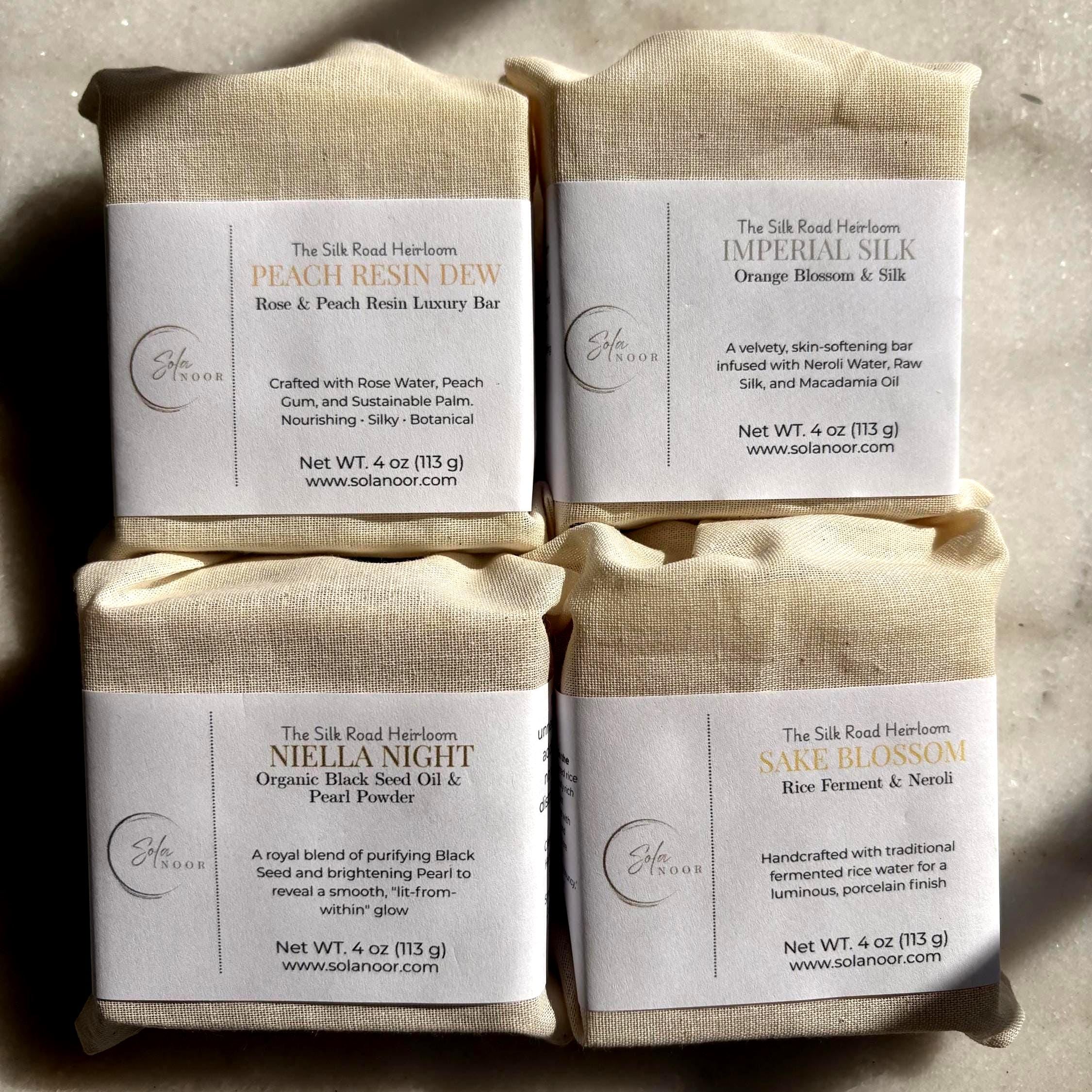 Silk Road Luxury Soap Set | Imperial Silk, Sake Blossom, Peach Resin, Nigella Night Bars, Gift for Her, Mother's Day Gift