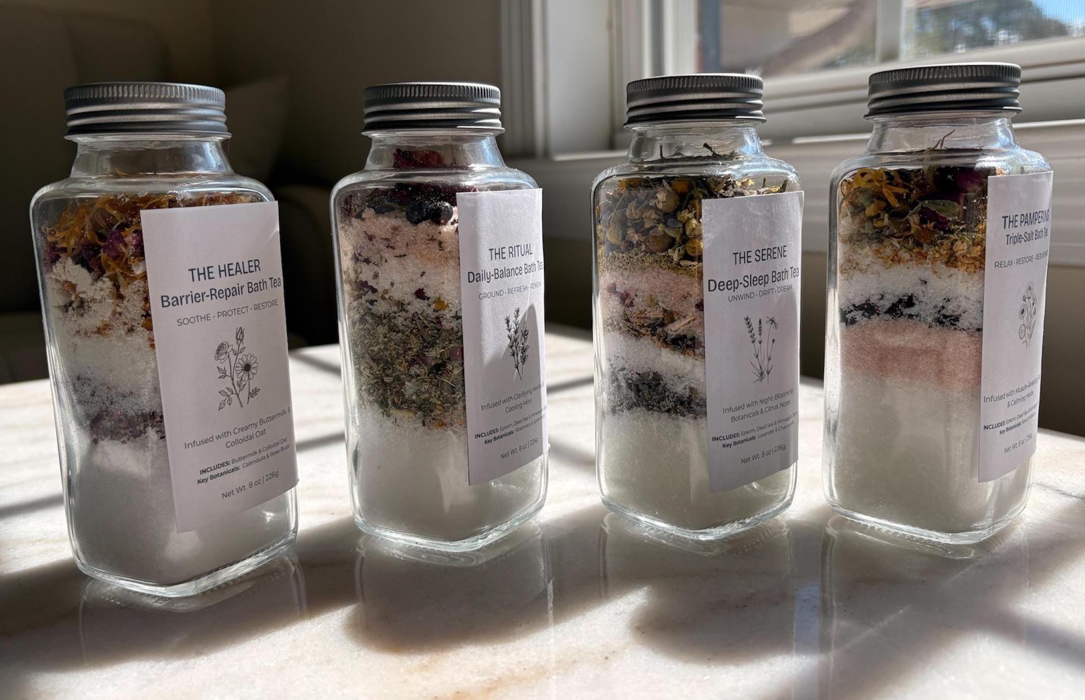 Botanical Bath Salt Tea  - Triple Salt Mineral Soak with Essential Oils & Herbs - 8oz Glass Jar, Gift for Her, Mother's Day Gift