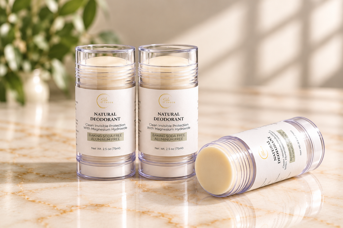 Close-up of Sola Noor natural deodorant with magnesium hydroxide and zinc ricinoleate
