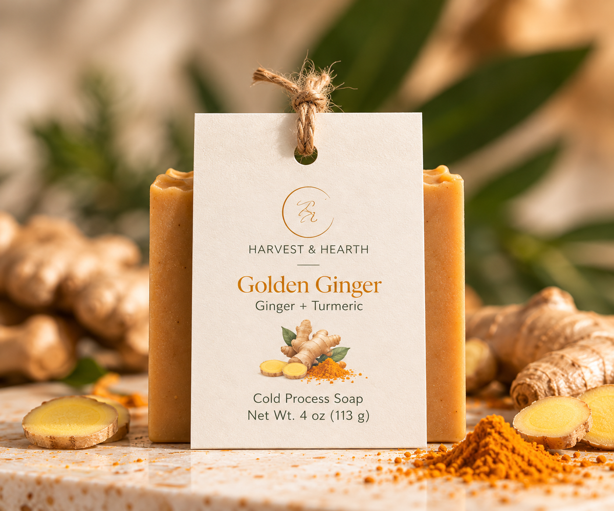 Sola Noor Golden Ginger handmade botanical soap with its product label, featuring warm golden tones and elegant minimalist packaging.