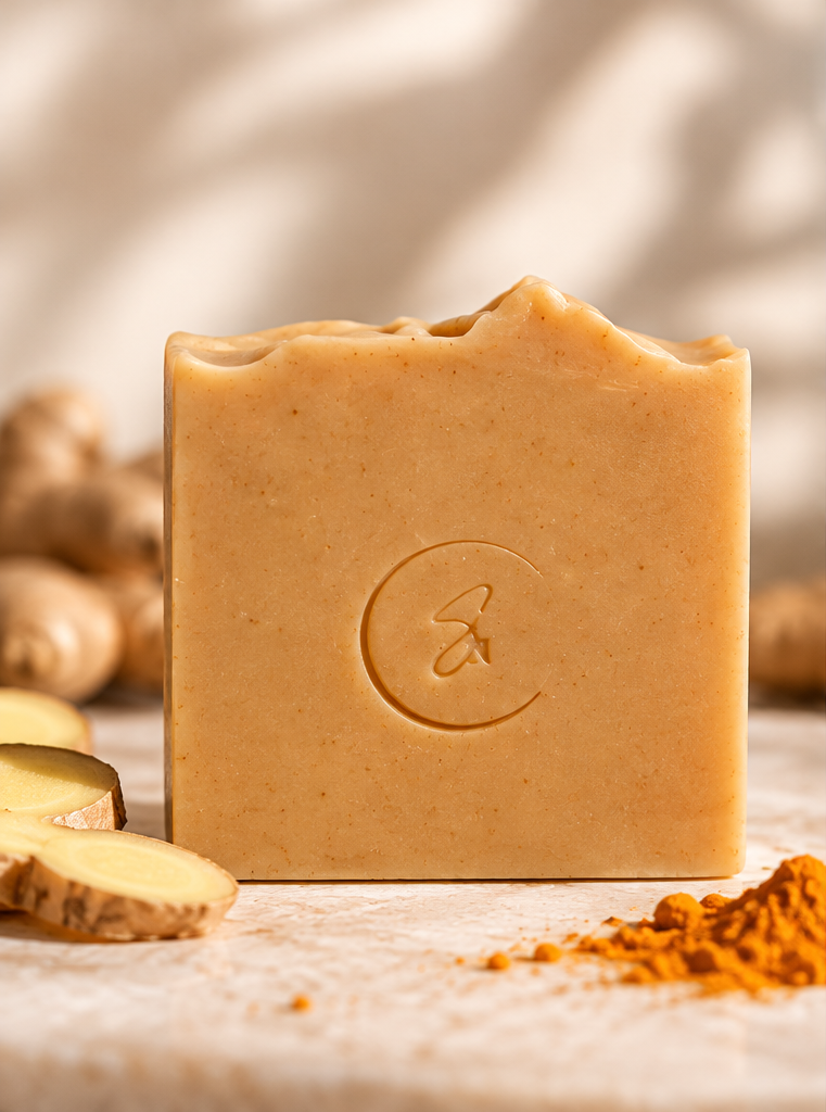 Sola Noor Golden Ginger handmade botanical soap with ginger and turmeric, displayed on a warm ivory background.