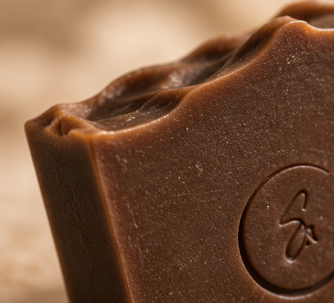 Close-up of Spiced Orange and Coffee botanical soap highlighting its smooth texture and deep coffee-brown shade.