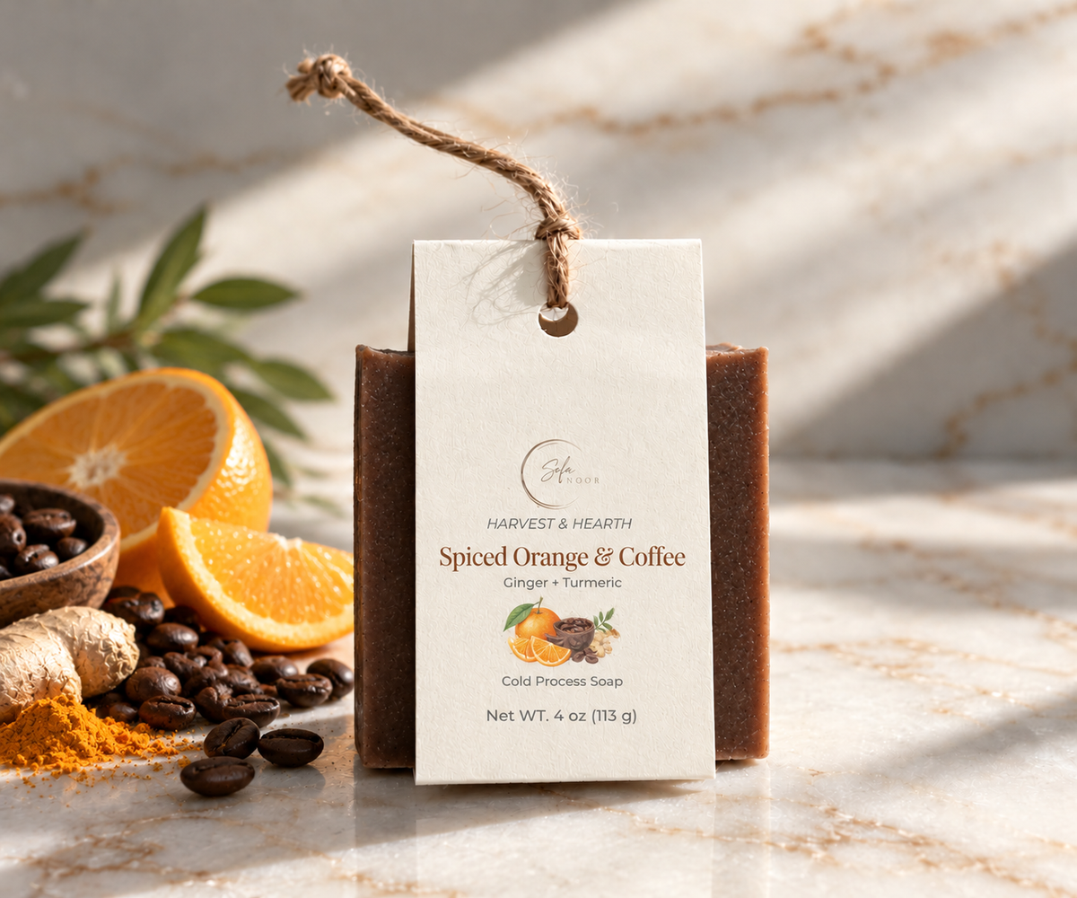 Sola Noor Spiced Orange and Coffee handmade soap with its product label, featuring a rich coffee-brown bar and elegant packaging.