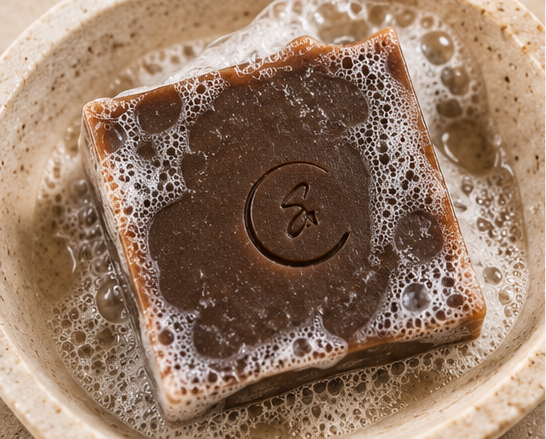 Spiced Orange and Coffee handmade soap with creamy white lather and water droplets on its smooth brown surface.