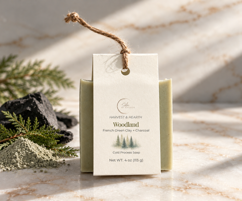 Sola Noor Woodland handcrafted soap with its product label, showcasing the soft moss-green bar and minimalist packaging design.