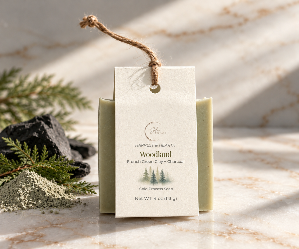 Sola Noor Woodland handcrafted soap with its product label, showcasing the soft moss-green bar and minimalist packaging design.