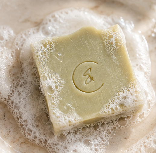 Woodland handmade soap with delicate creamy lather and water droplets on its smooth moss-green surface.