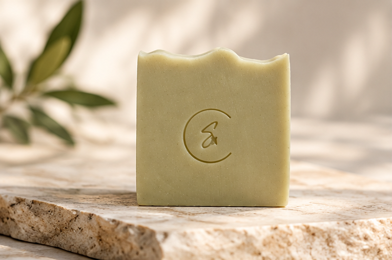 Sola Noor Woodland handmade botanical soap with French green clay and charcoal, featuring a soft moss-green color.