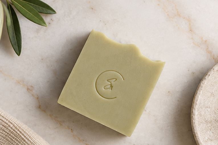 Overhead view of Woodland artisan soap in a muted moss-green shade on a minimalist ivory background.