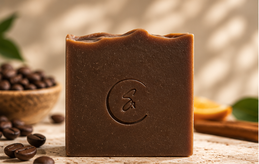 Sola Noor Spiced Orange and Coffee handmade soap featuring a rich coffee-brown color and minimalist presentation.